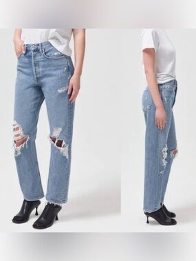 Ağolde 90s Mid Rise Loose Fall Out Light Wash Distressed
Denim Jeans